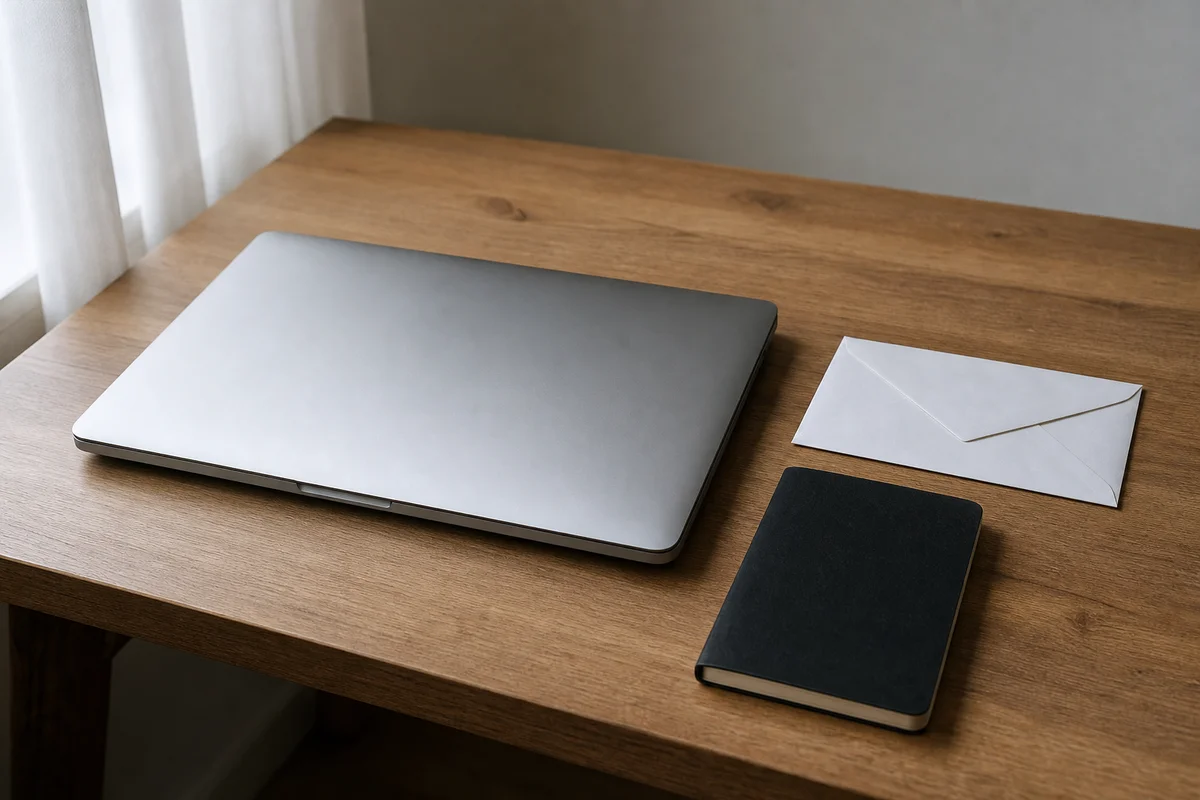 Laat alles zoals het is Een rustig thuiskantoor met een oude laptop, papieren notities en een klein hardware-apparaat, ongemoeid gelaten
