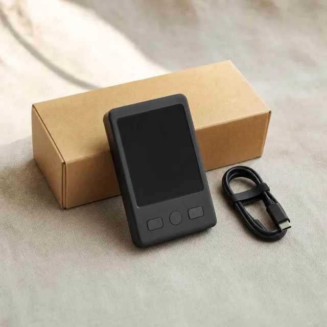 Hardware wallet met doos en kabel Een hardware wallet naast zijn doos en USB-kabel op een linnen ondergrond