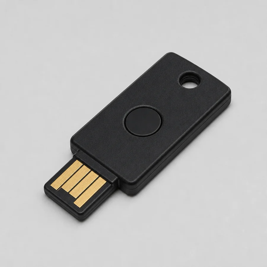 Hardware security key Een hardware security key (een kleine USB-sleutel met een knop), een veelvoorkomend tweede-factormiddel