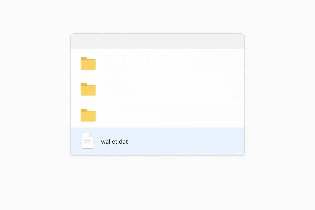 wallet.dat-bestand Een bestandsbeheerweergave met een wallet.dat-bestand, het walletbestand van Bitcoin Core en vergelijkbare clients